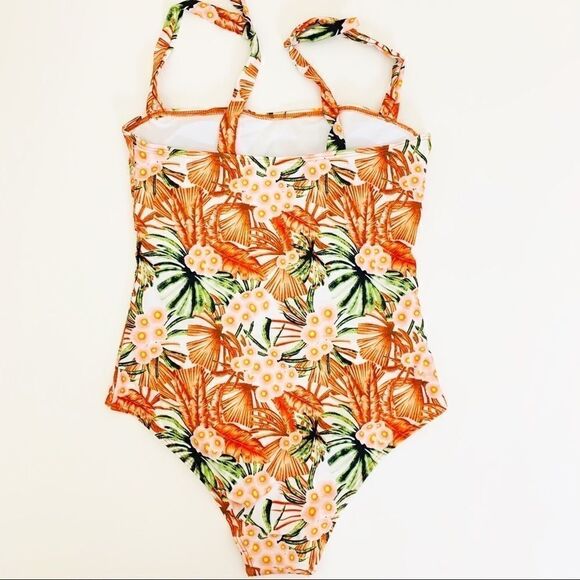 Tropical Print One-Piece Maillot Swimsuit, Orange - Picture 4 of 11
